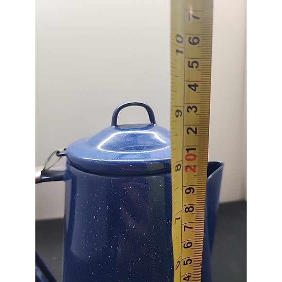 Vintage Blue/White Speckled Coffee Pot W Hinged Lid Spout Handle Camp Enamel - Picture 9 of 9